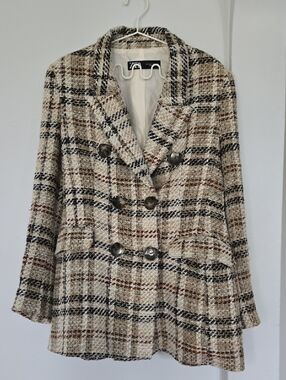 Zara Beige Multi Plaid Double-Breasted Blazer
